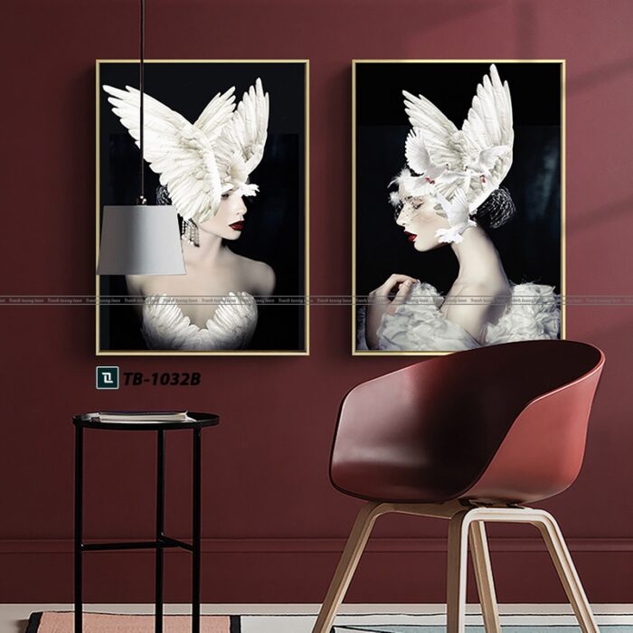tranh canvas cho phòng khách, cô gái, màu trắng