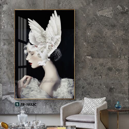tranh canvas cho phòng khách, cô gái, màu trắng
