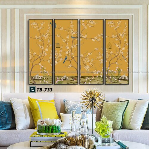 tranh canvas cổ điển cho phòng khách, mai vàng tứ quý