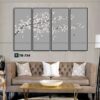 tranh canvas cổ điển cho phòng khách, cành mai trắng, màu xám