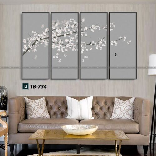 tranh canvas cổ điển cho phòng khách, cành mai trắng, màu xám